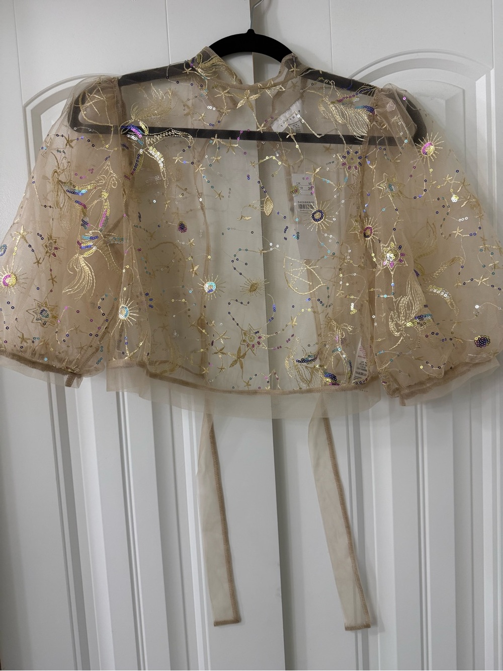 Topshop Gold Sheer Embroidered Tie-Front Shrug